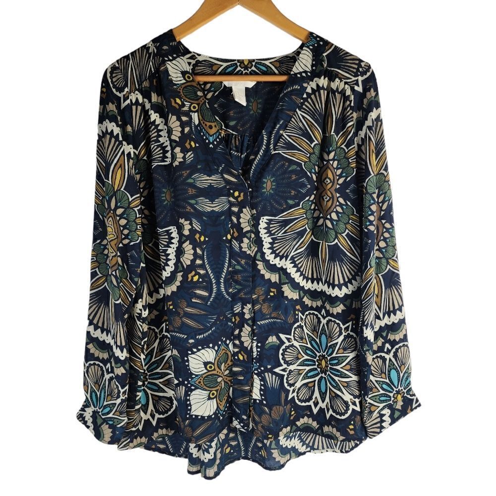 H&M BLUE Floral PRINTED V-NECK Blouse